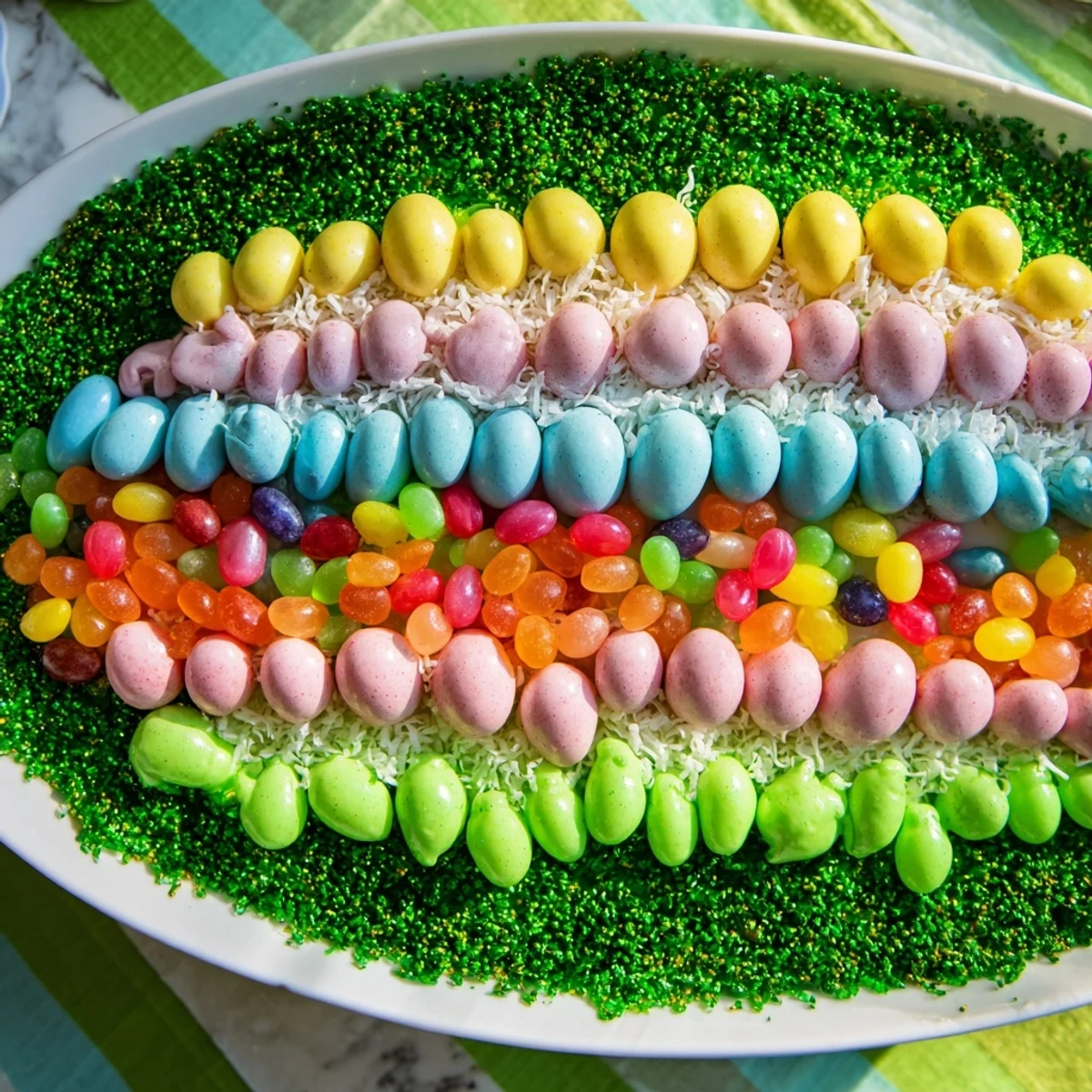 Bright, tempting Egg-Shaped Candy Platter arrangement, featuring chocolate eggs and jelly beans.