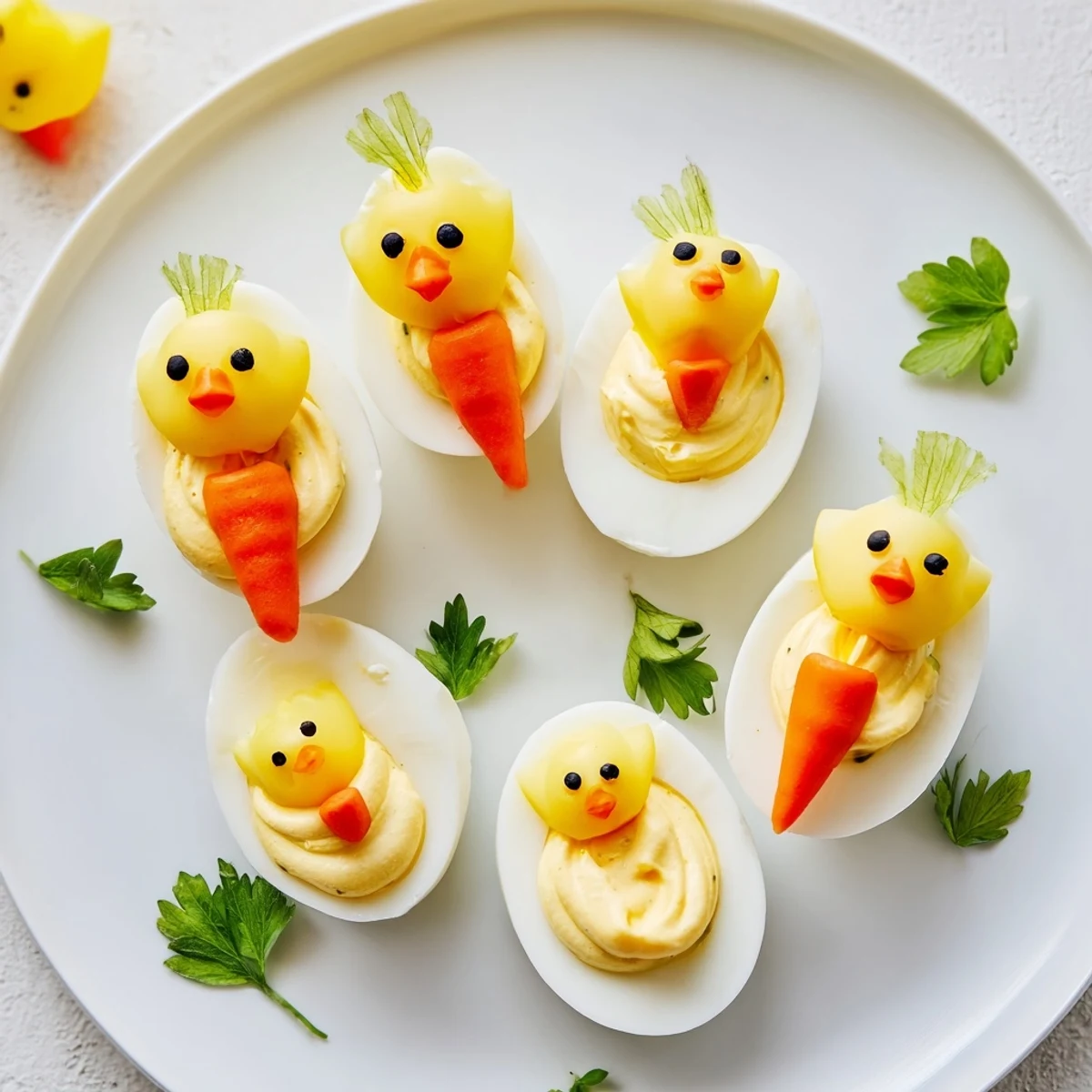 Warm, creamy yellow Chick & Duckling Snacks, adorned with carrot beaks and pepper eyes, ready to eat.