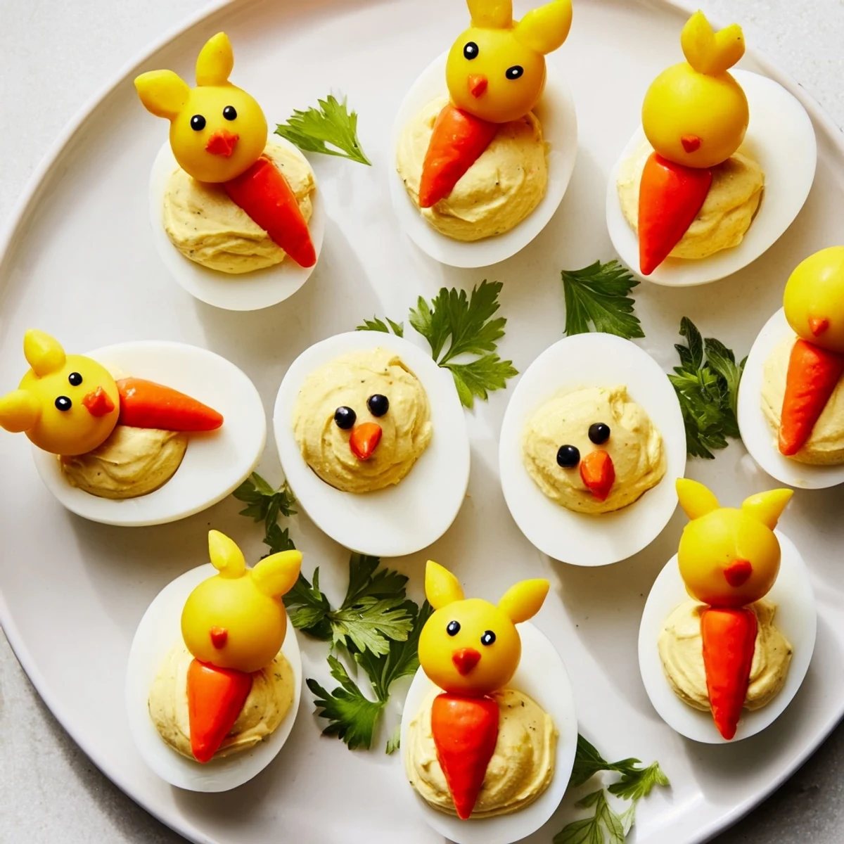 Delightful Chick & Duckling Snacks featuring halved eggs filled with savory cheese, ready for springtime celebrations.