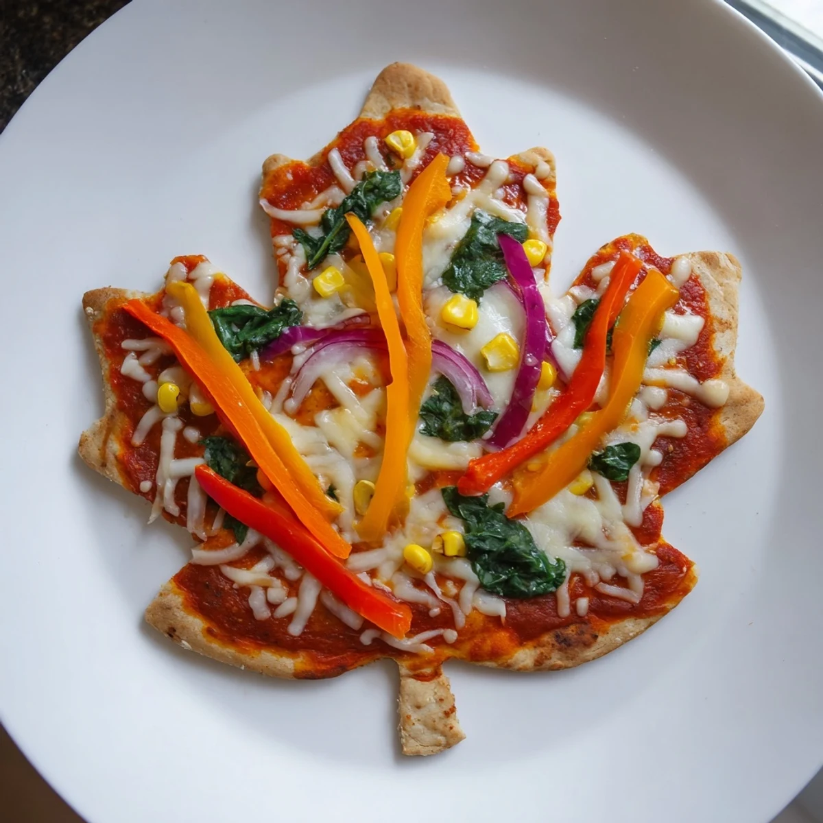 Vibrant fall foliage topping adorable maple leaf mini pizzas, perfect for a festive appetizer.