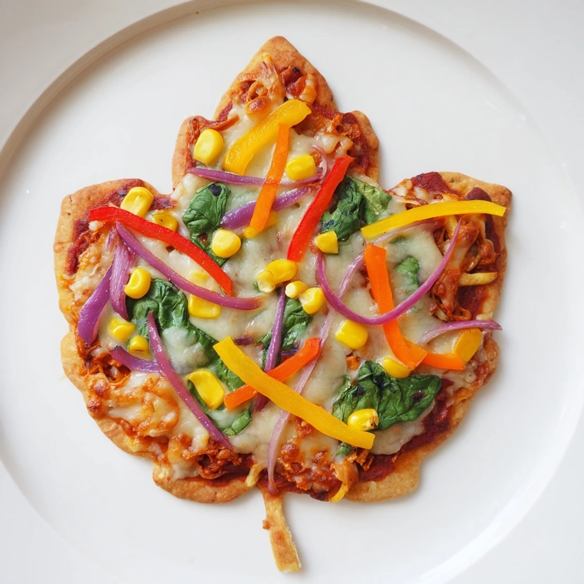 Golden crusts and melted cheese on these Fall Foliage Maple Leaf Mini Pizzas, ready to eat.