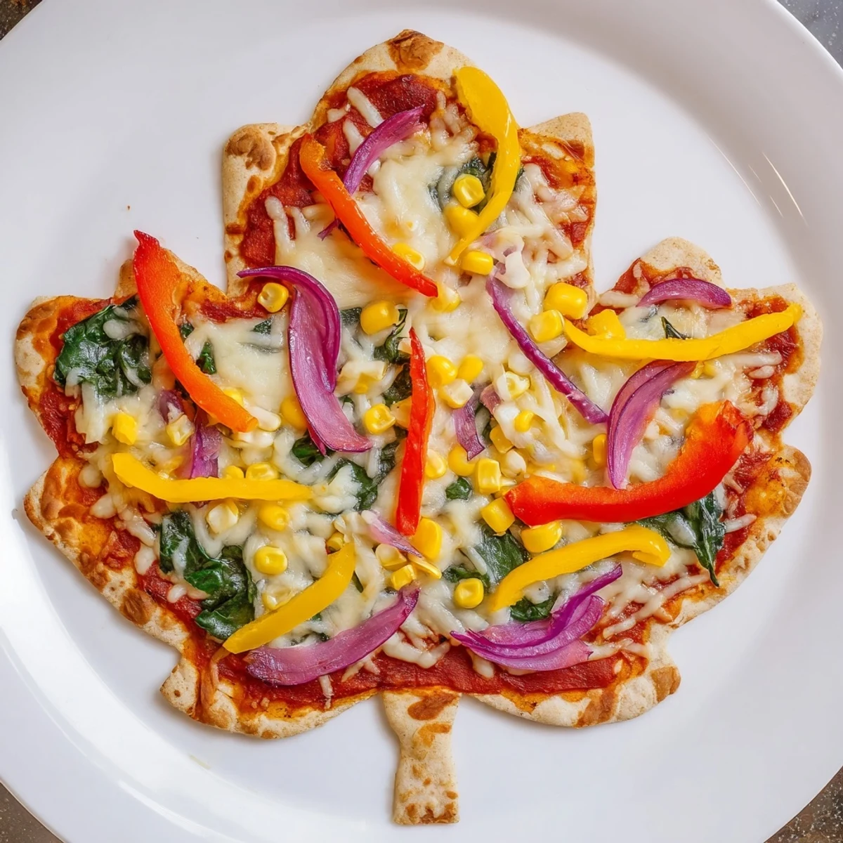 Beautifully arranged autumn vegetables atop the sweet Fall Foliage Maple Leaf Mini Pizzas create deliciousness.