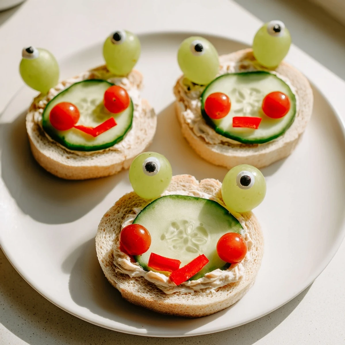 Delightful Prince Charming Froggy Sandwich Cutouts, featuring green grape eyes and cheerful tomato cheeks.