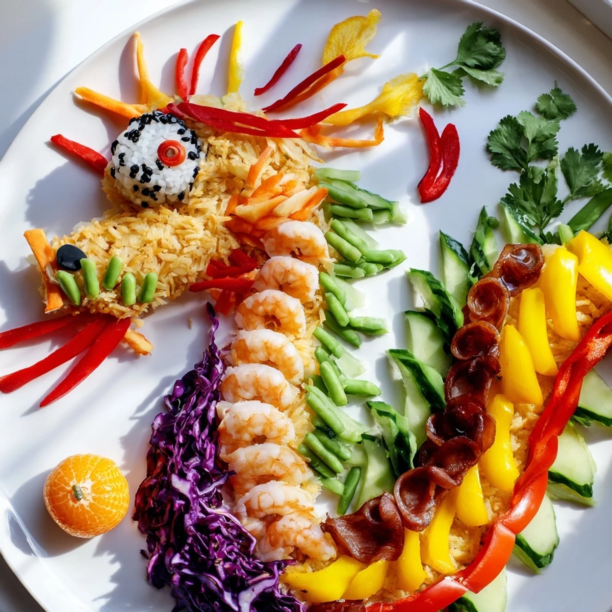 Vibrant Mighty Dragon Lunar New Year board featuring colorful shrimp, pork, and vegetables, ready to serve.