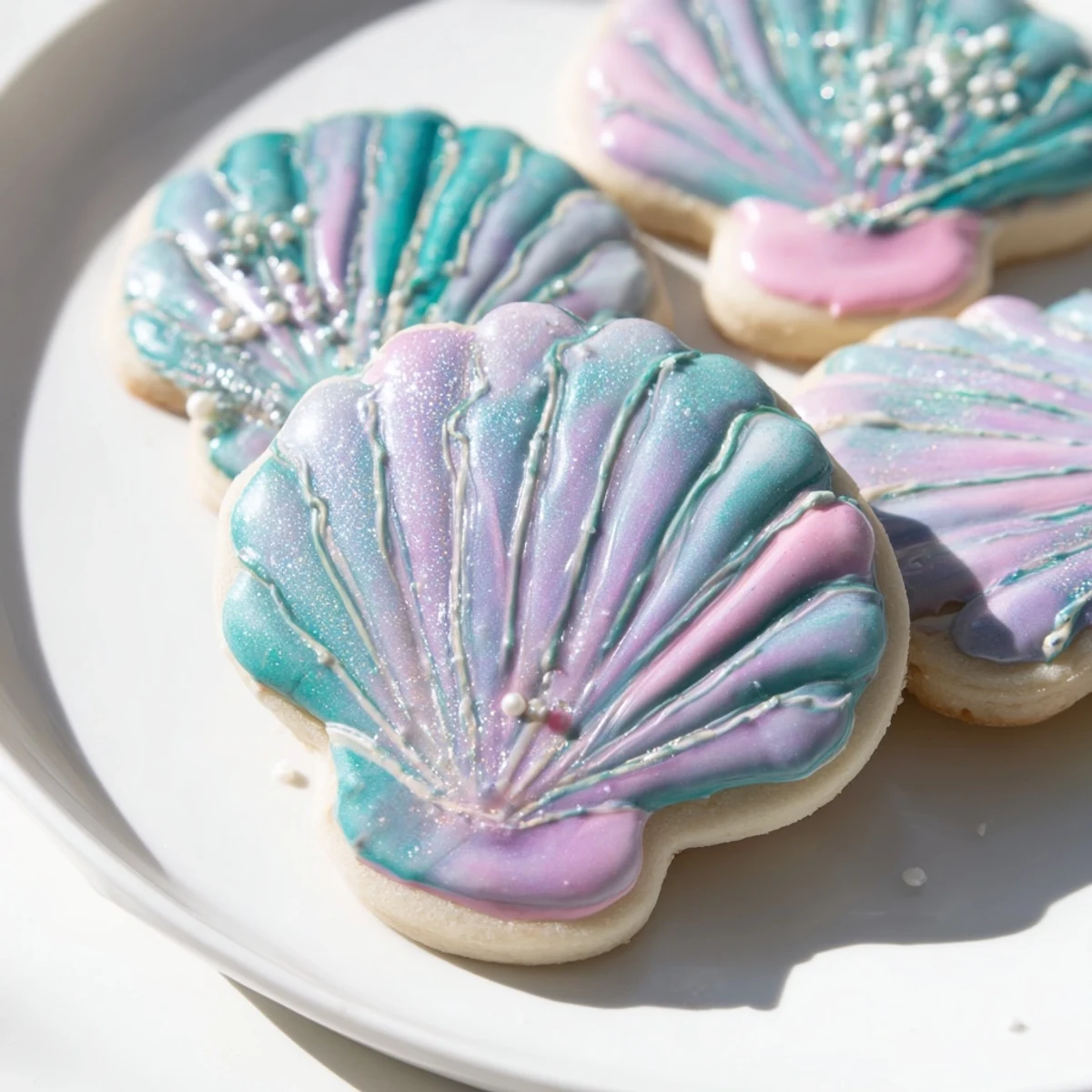 View exquisitely decorated seashell sweets, with shimmering icing and edible pearls, all ready for the party.