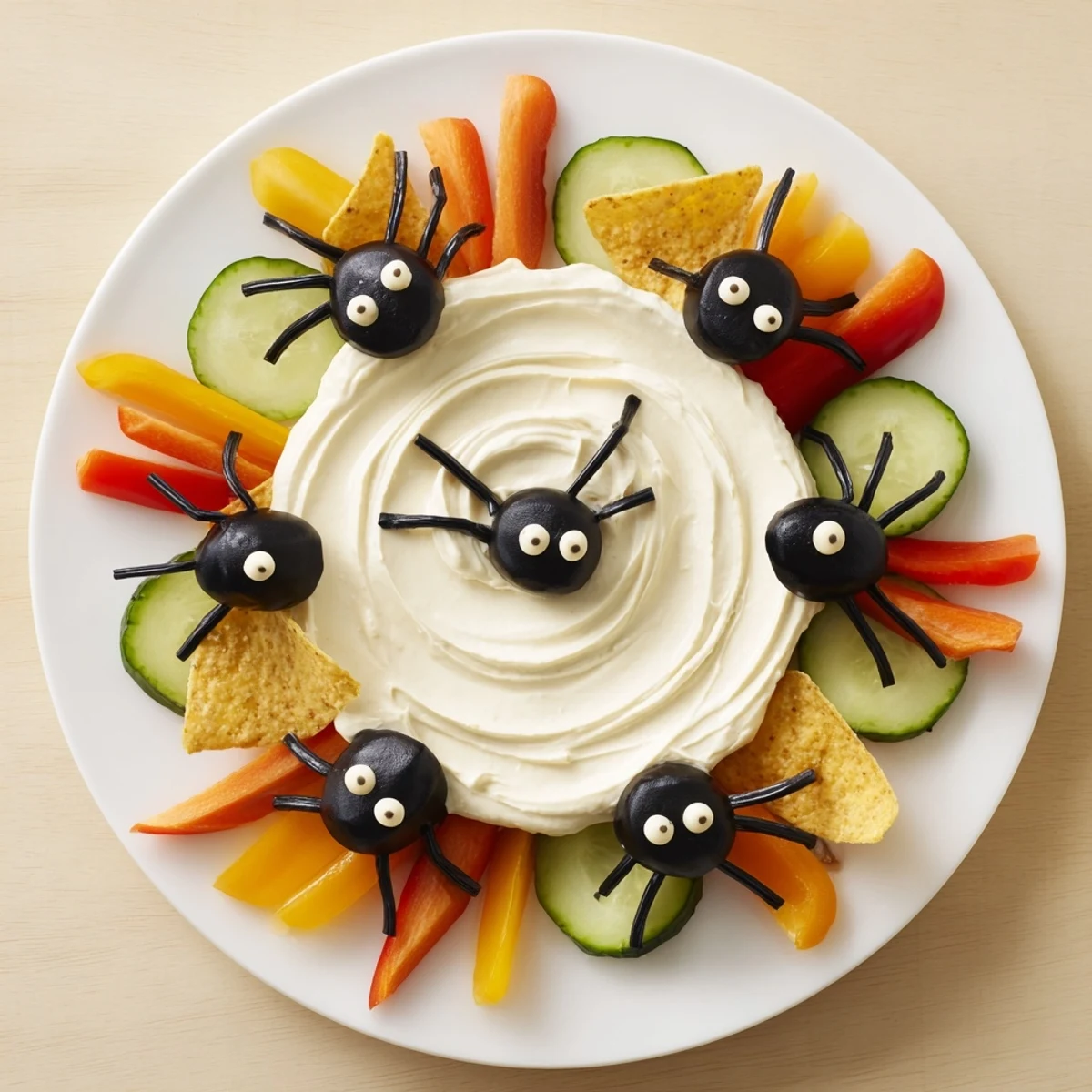 Creepy Crawly Spiderweb Platter, a spooky Halloween appetizer, featuring a creamy dip web.