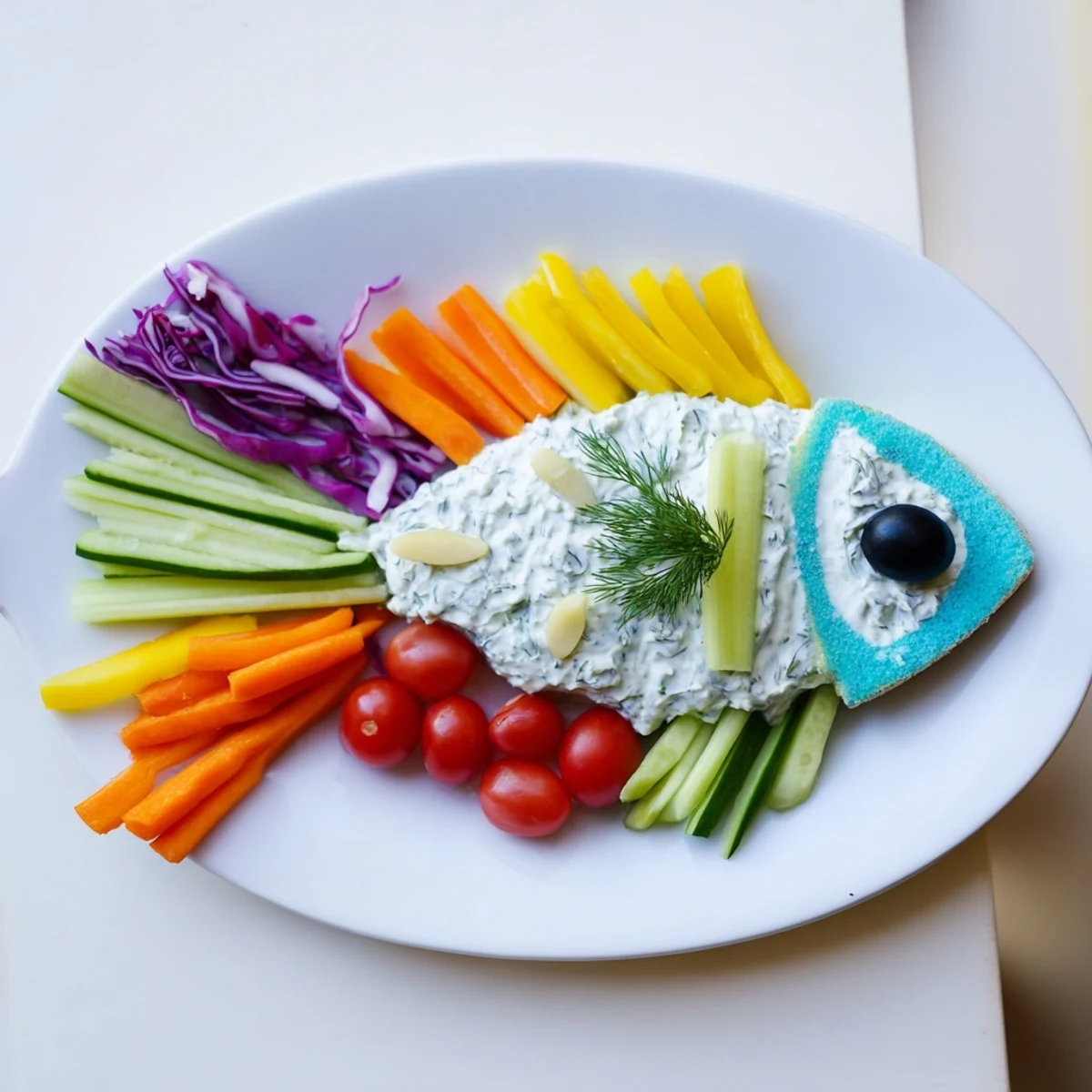 Ocean Blue Fish-Shaped Dip Tray, a whimsical appetizer with colorful vegetables and creamy dips.