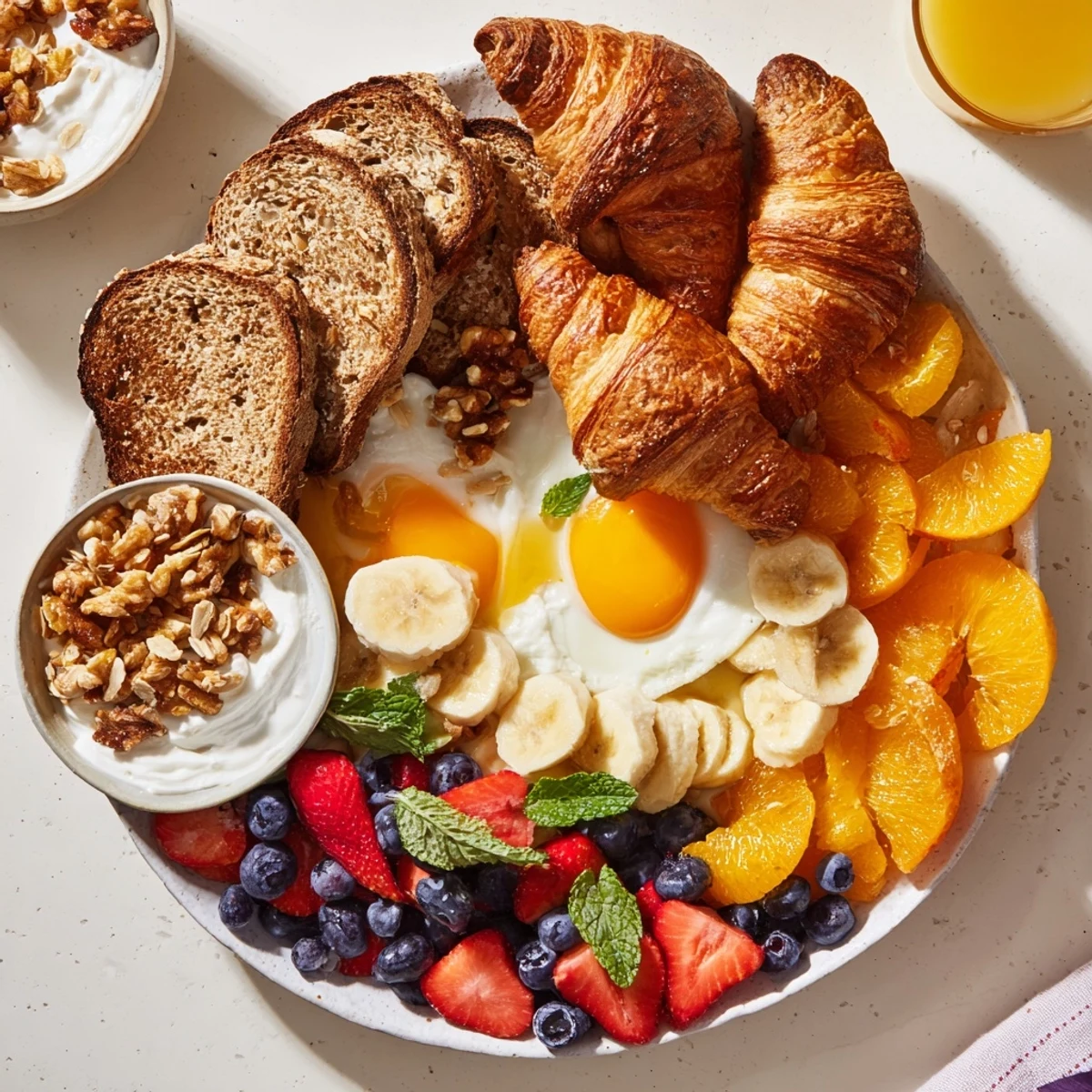 Soleil Matinal breakfast platter—a colorful arrangement of fresh fruits, eggs and buttery bread.