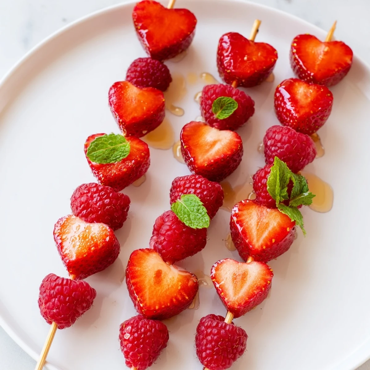 Vibrant red heart fruit skewers arranged on a platter, ready to be enjoyed as a refreshing treat.