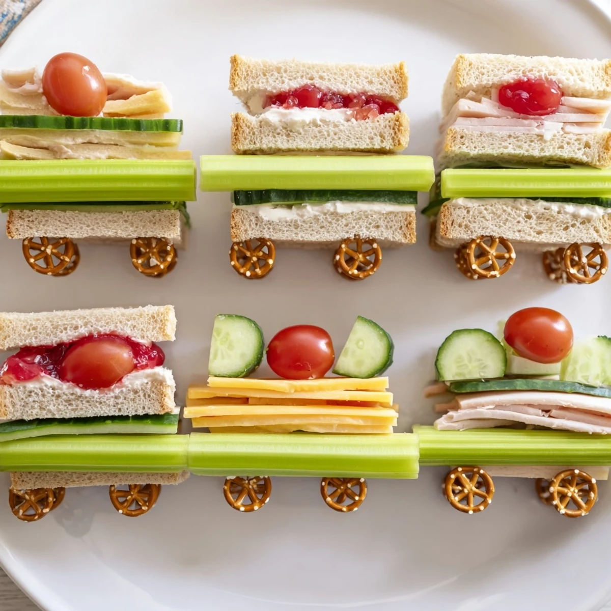 Colorful, fun Train Track Sandwich Board with creative veggie tracks, perfect for a kids' party.