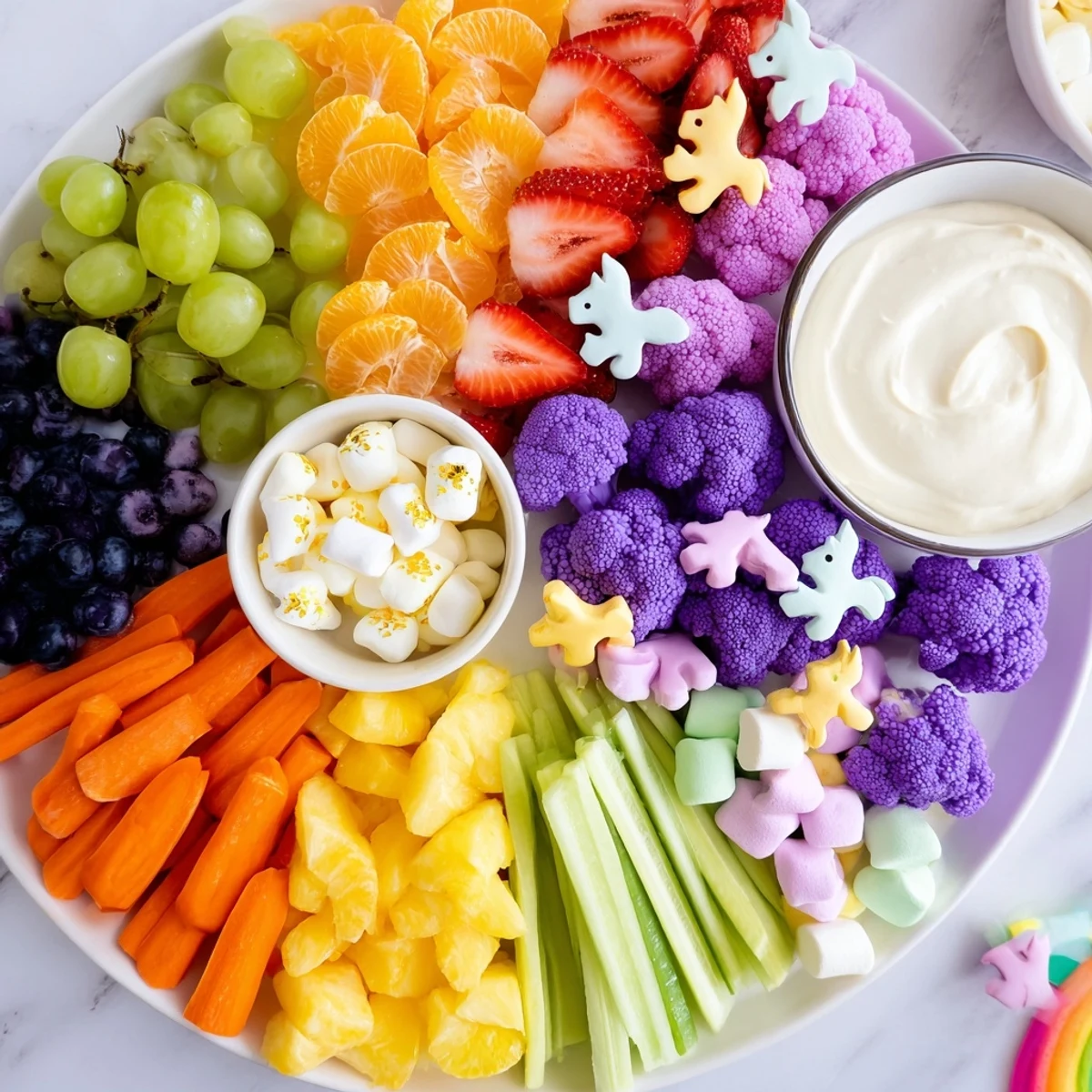 Vibrant arrangement: This Magical Unicorn Rainbow Snack Board includes fruit, veggies, and treats for a magical, kid-friendly snack.