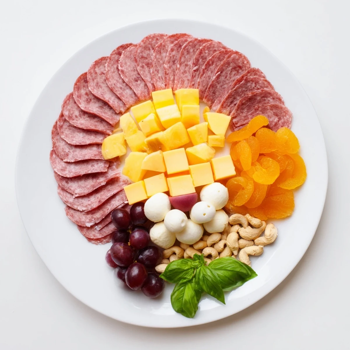 Lion King savory meat and cheese platter with salami, cheddar, and colorful mango slices ready to eat.
