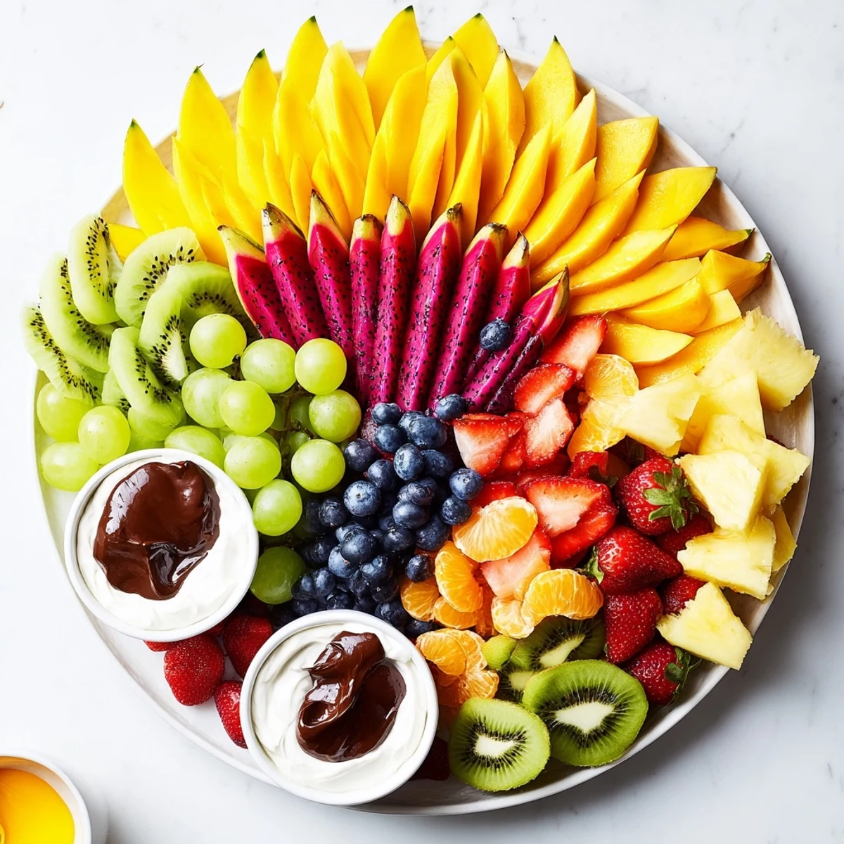 Vibrant Dragon Scales Fruit Board showcasing artfully arranged colorful fruits and sweet, dark chocolate.
