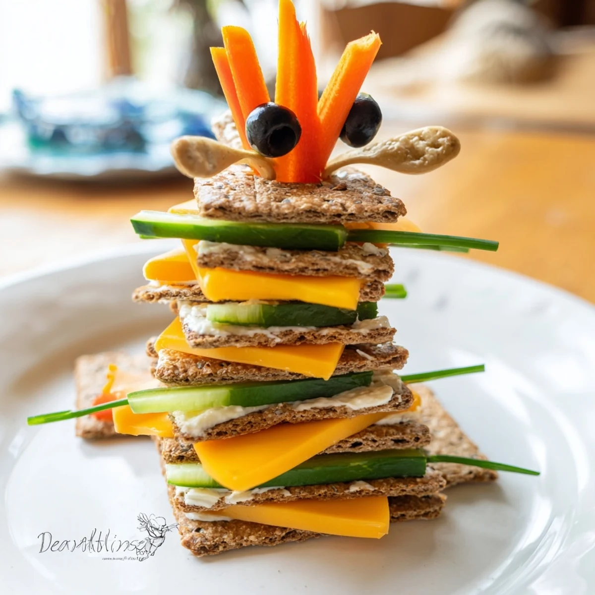 Giraffe Tall Cracker Stack featuring layers of crackers, cheese, and colorful veggie accents.