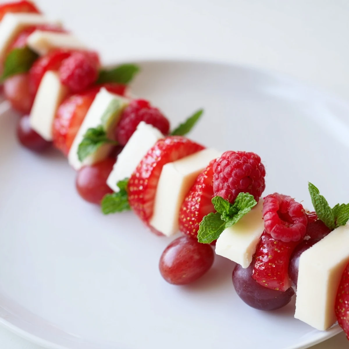 A visually appealing candy cane stripe fruit and cheese appetizer, ready for holiday celebrations.