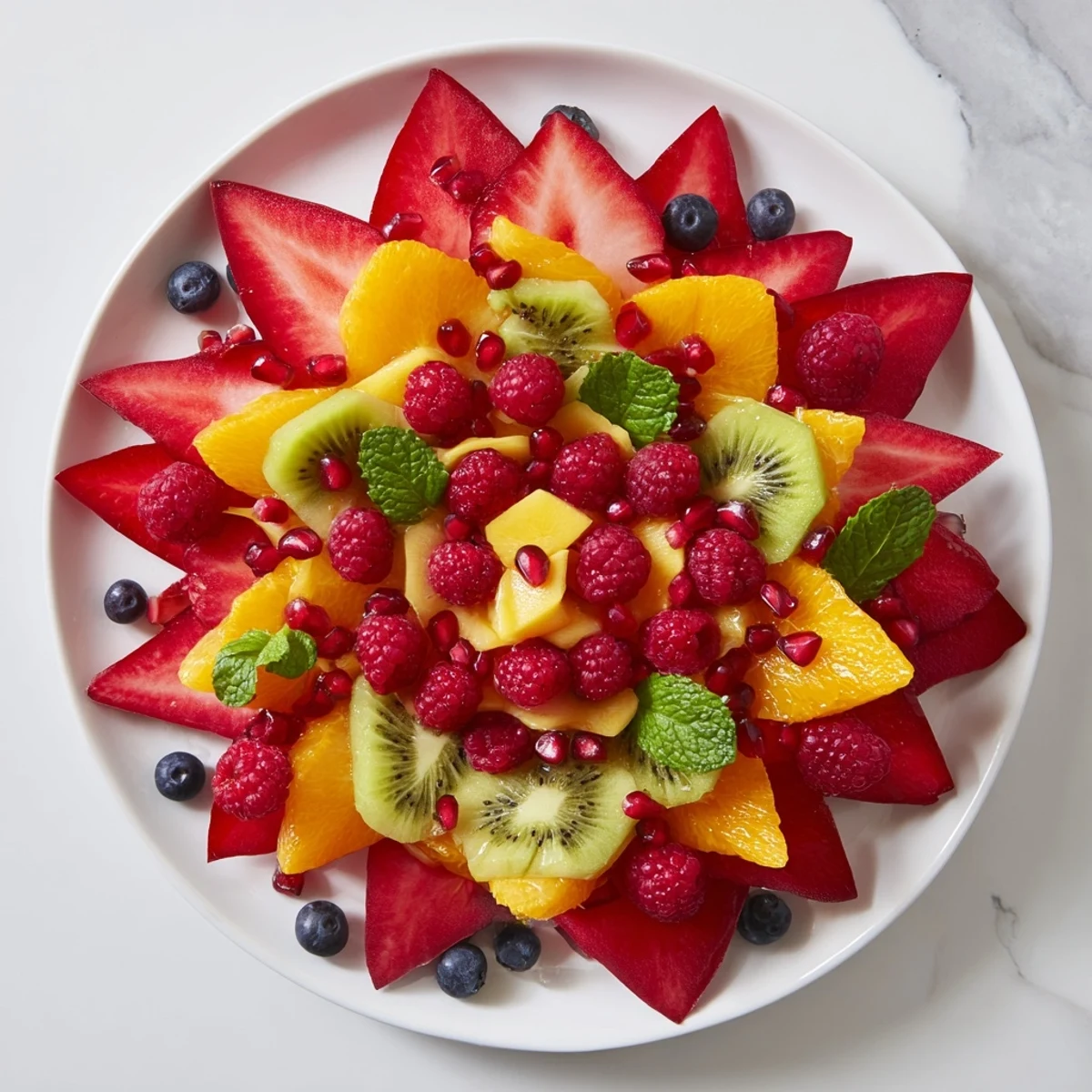 Festive Poinsettia Fruit Bowl with ruby-red strawberries and pomegranate, a beautiful and healthy holiday brunch idea.