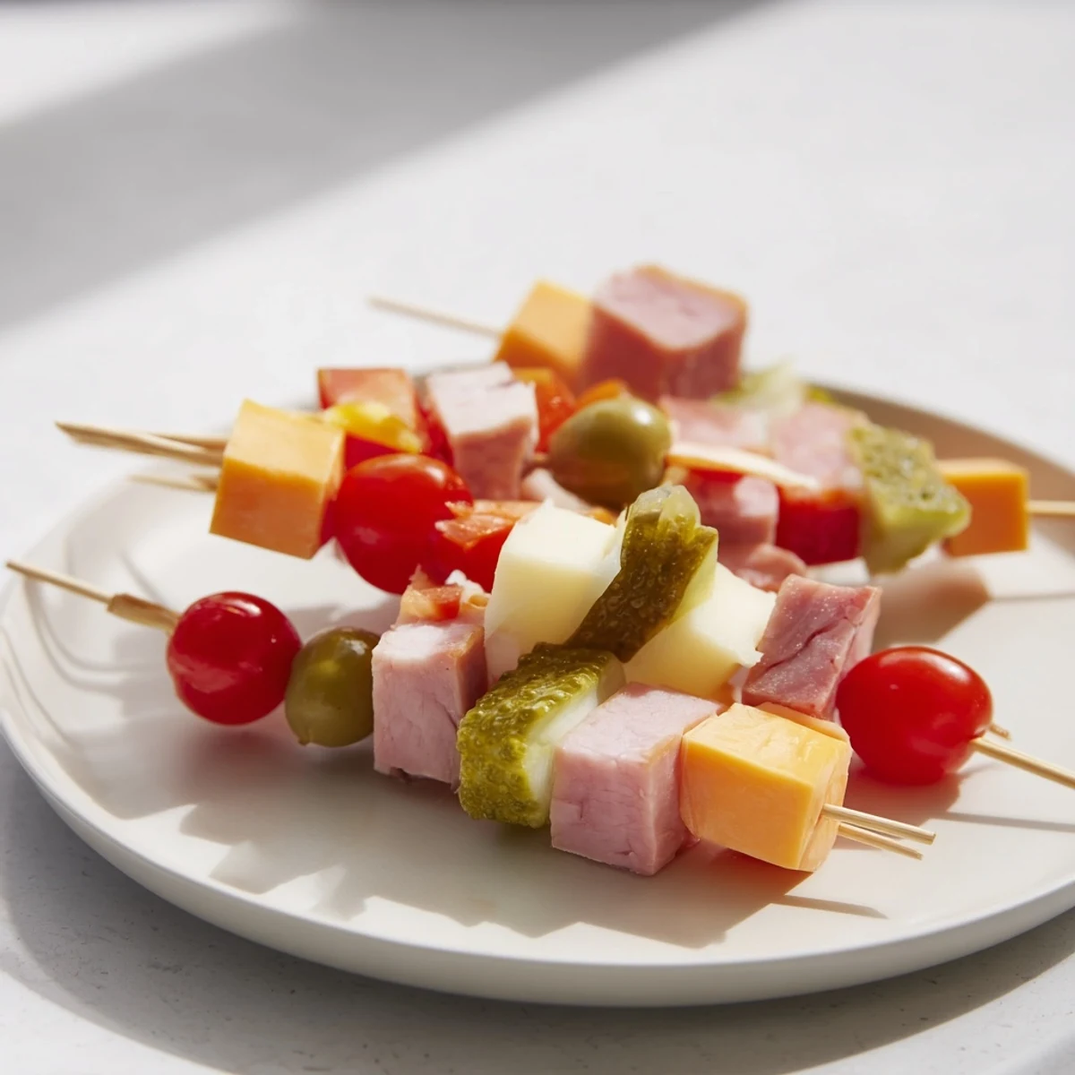Perfectly assembled Savory Skewers boast vibrant colors, with meat, cheese, and pickle bites ready to enjoy.