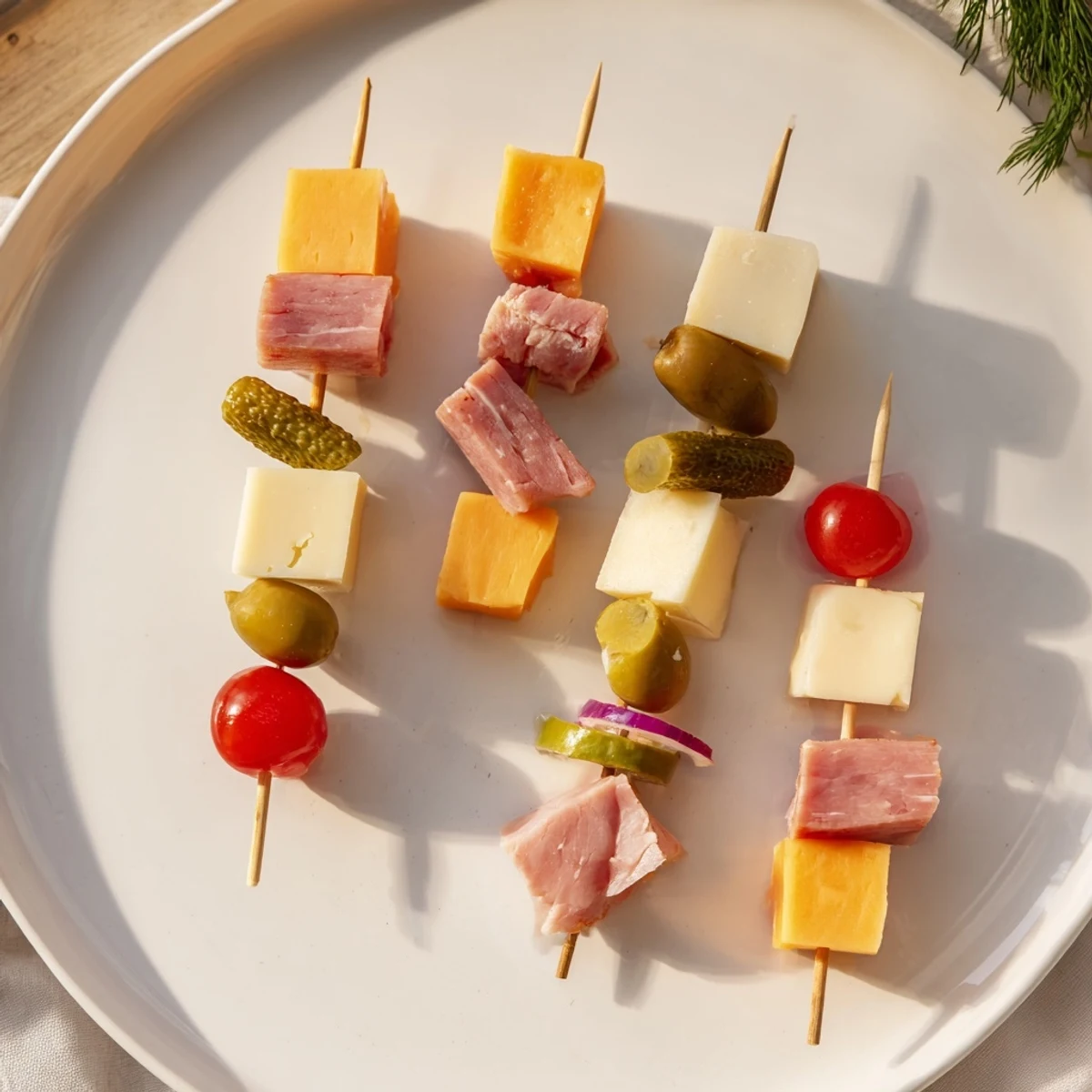 Delectable Savory Skewers offer a balanced bite of ham, cheddar, pickles, and tomatoes for easy snacking.