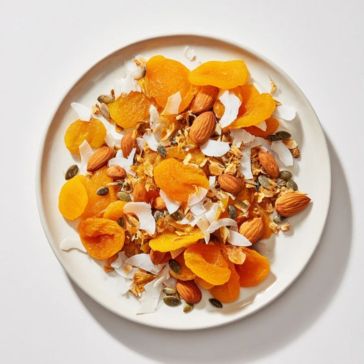Vibrant close-up of Almonds and Dried Apricots Simple Pile, a healthy snack piled high on a white plate.