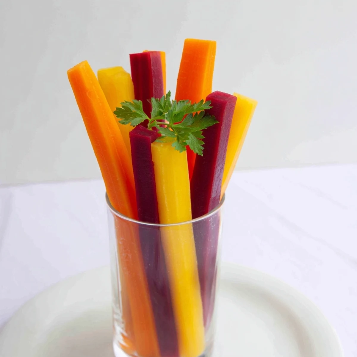 Simple Crudités: Rainbow carrot sticks stand tall in chilled glasses, a vibrant, health-conscious appetizer.
