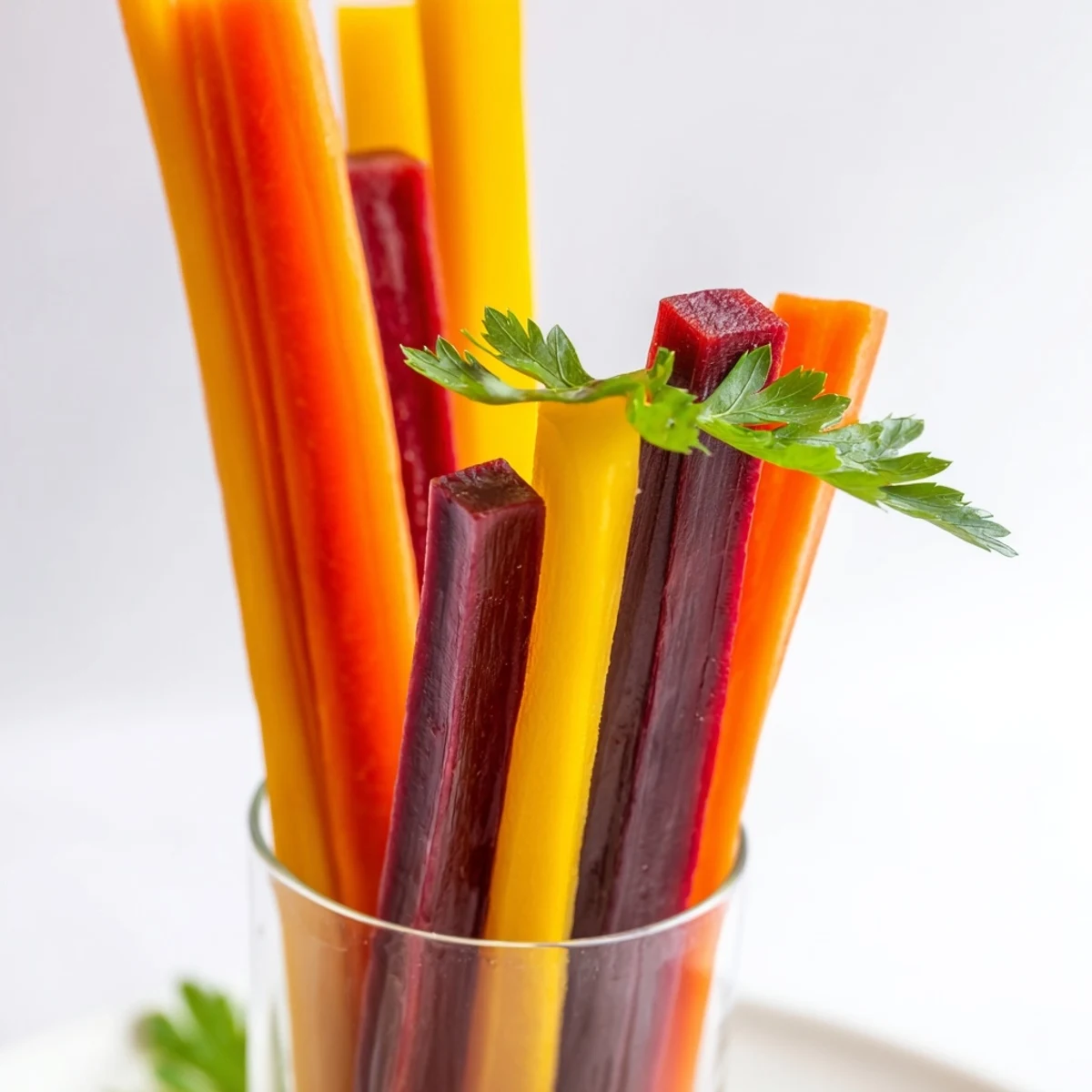 Fresh, crisp Simple Crudités: these rainbow carrot sticks offer a refreshing crunch, ready to enjoy.
