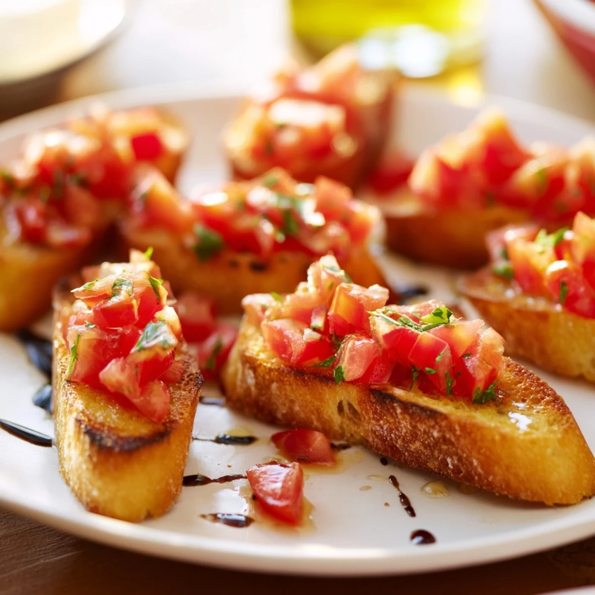 Golden-brown Bruschetta toasts topped with vibrant tomato basil, perfect for your next appetizer.