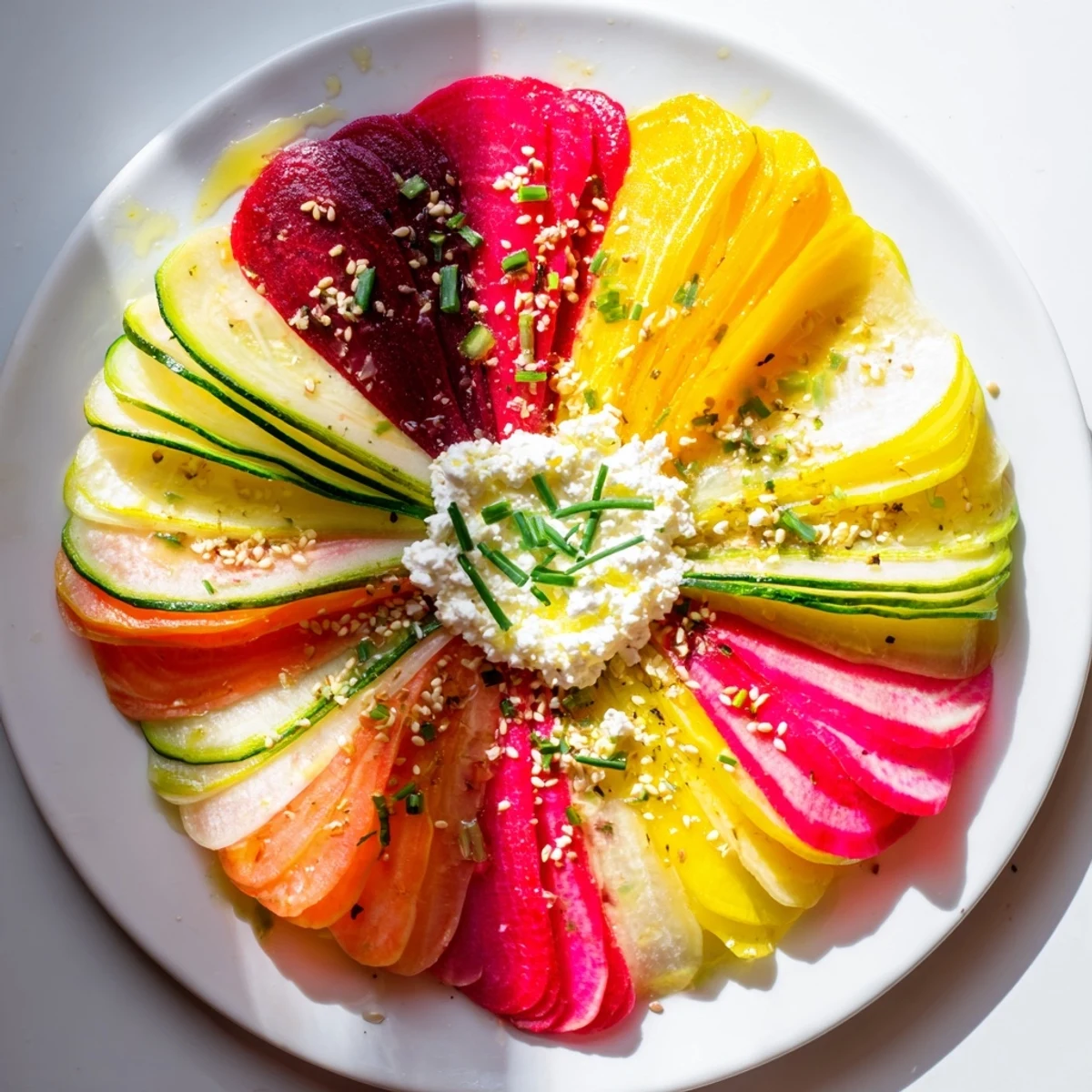 Radial Symmetry Sunburst salad: Colorful sliced beets and squash arranged in a perfect, edible sunburst.