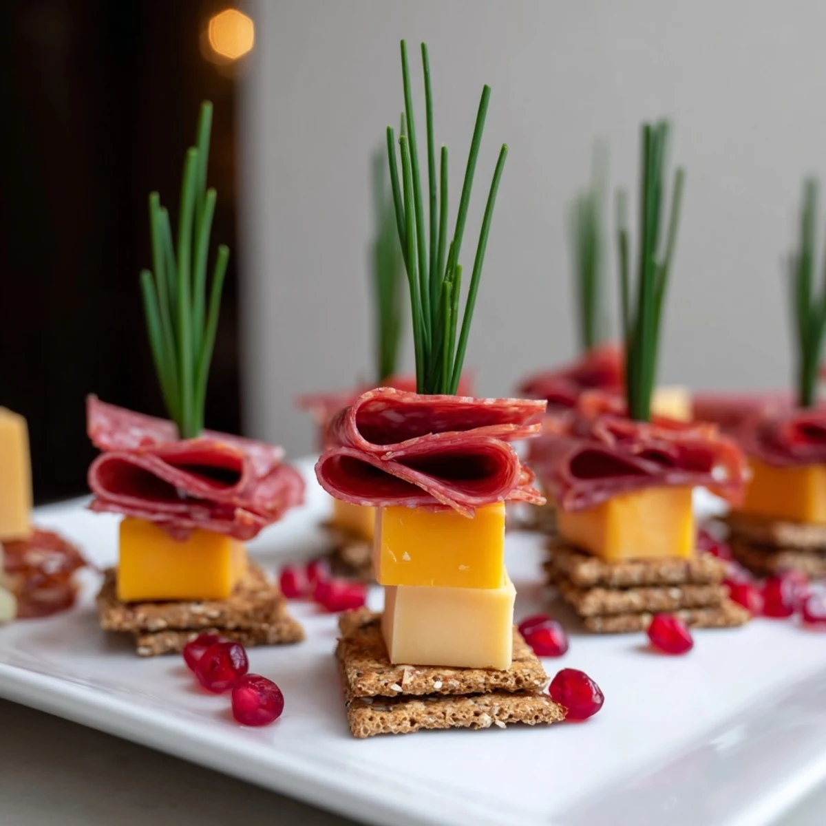 Eye-catching Layered Urban Skyline appetizer, a savory party platter featuring cheddar, gouda, and prosciutto arrangement.