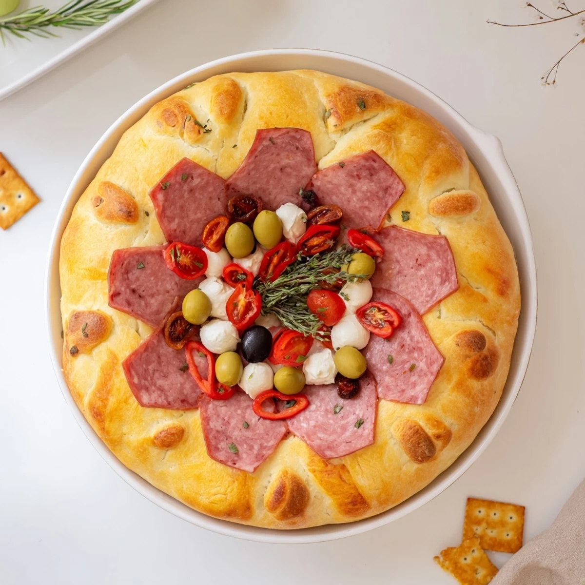 Appetizing Fractal Tree Branching Bread Platter showcasing an artful arrangement of cured meats and olives around the bread.