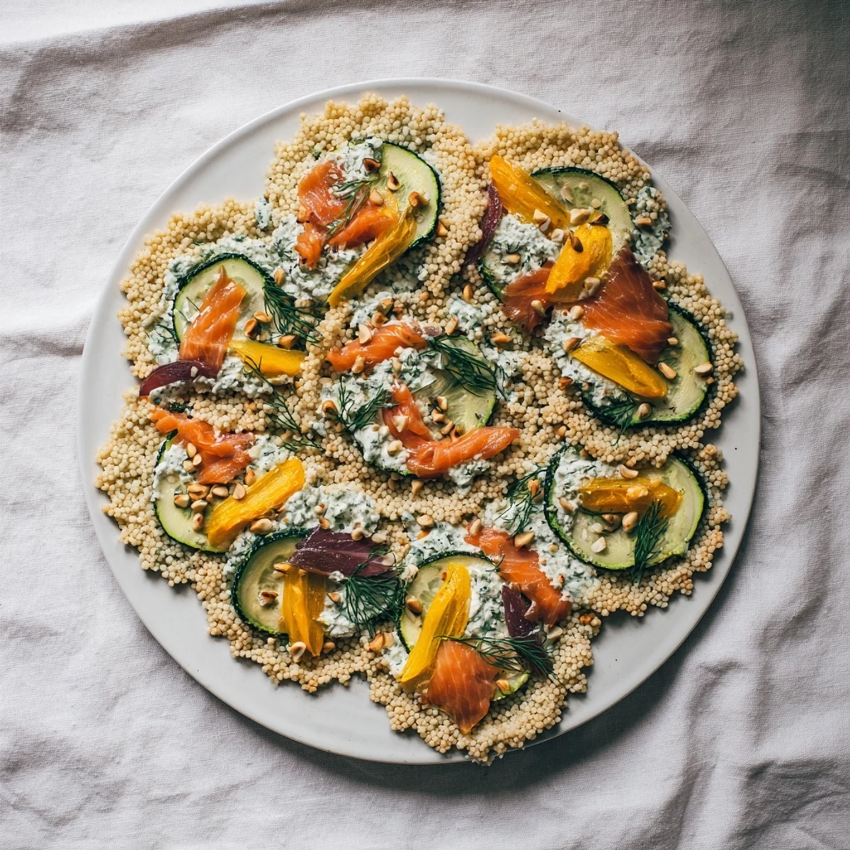 A photo showcases the elegant Infinity Loop Flow, featuring artfully arranged salmon and vegetables.
