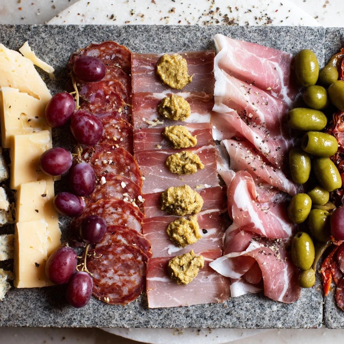 Eye-catching Industrial Slate charcuterie board, with mortadella and cheddar perfectly displayed for sharing.