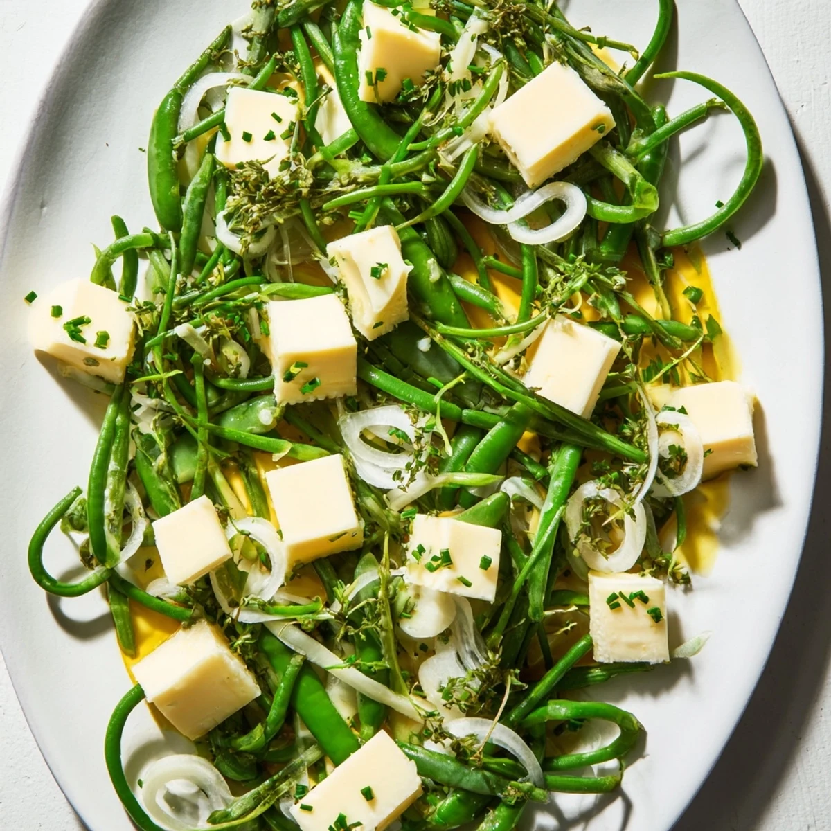 A fresh English Ivy salad with bright green snap peas, sharp cheddar, and a zesty lemon dressing.