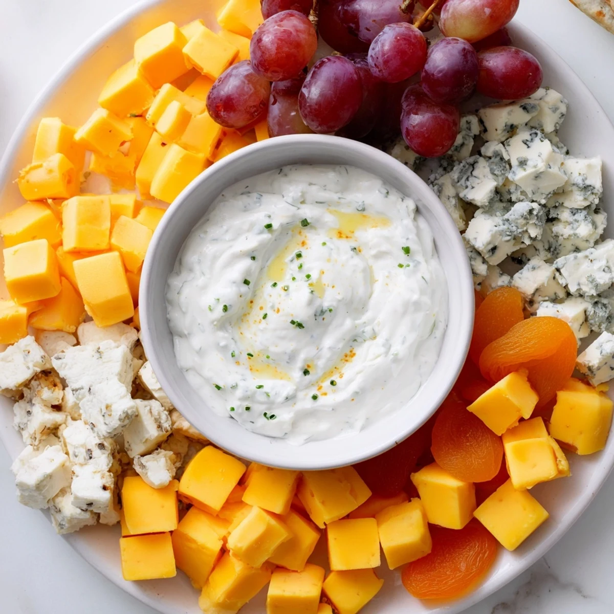 The colorful The Celtic Cross Cheese Platter features arranged cheeses, grapes, and nuts around a dip.