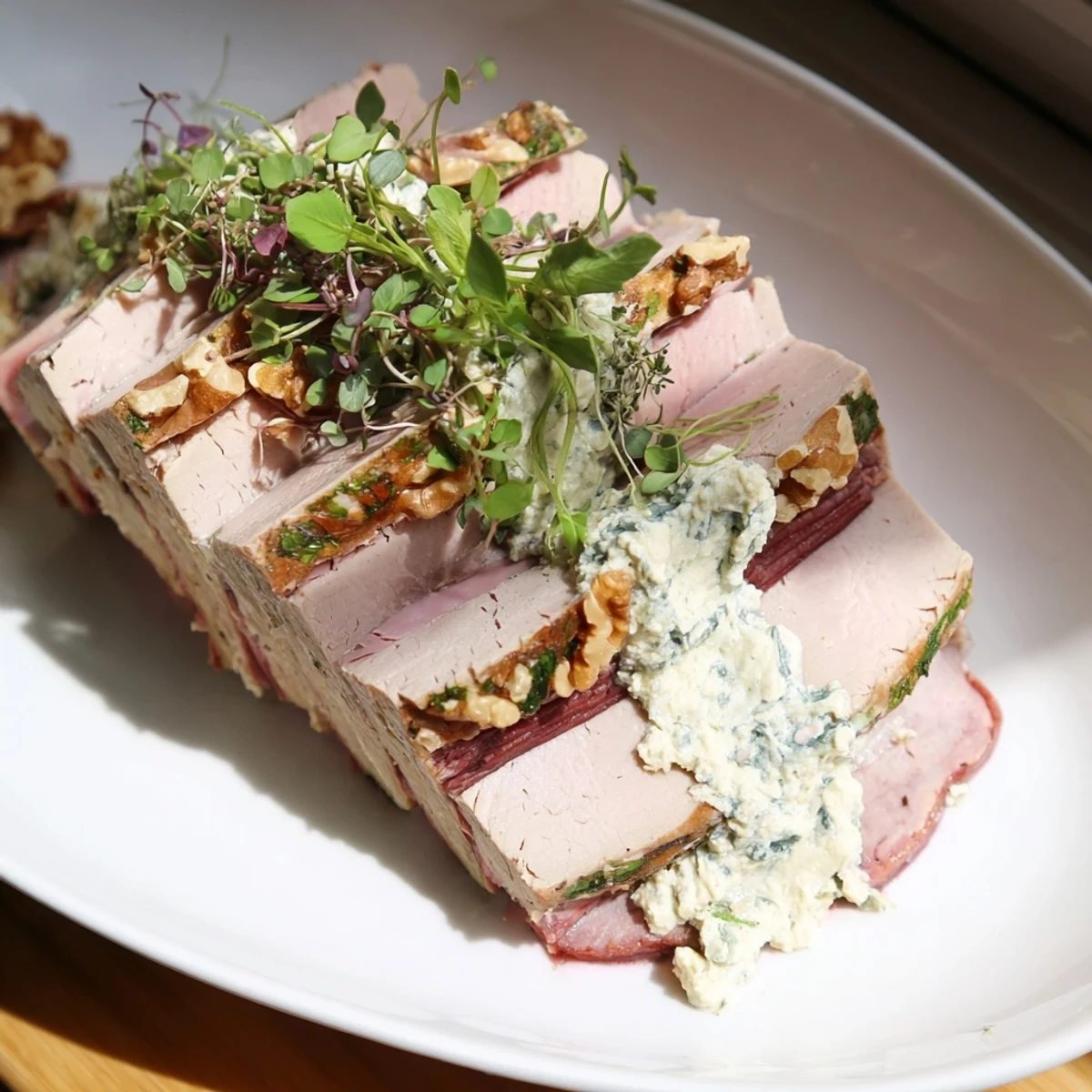 Vibrant layers of The Grand Canyon Rim terrine show sloping meat cliffs with blue cheese rivers.
