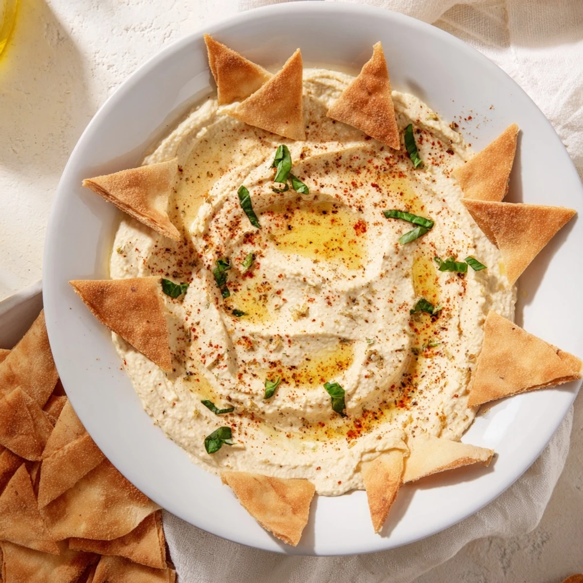 Enjoy the flavorful Sahara Dune, a beautiful appetizer featuring textured hummus and crisp pita.