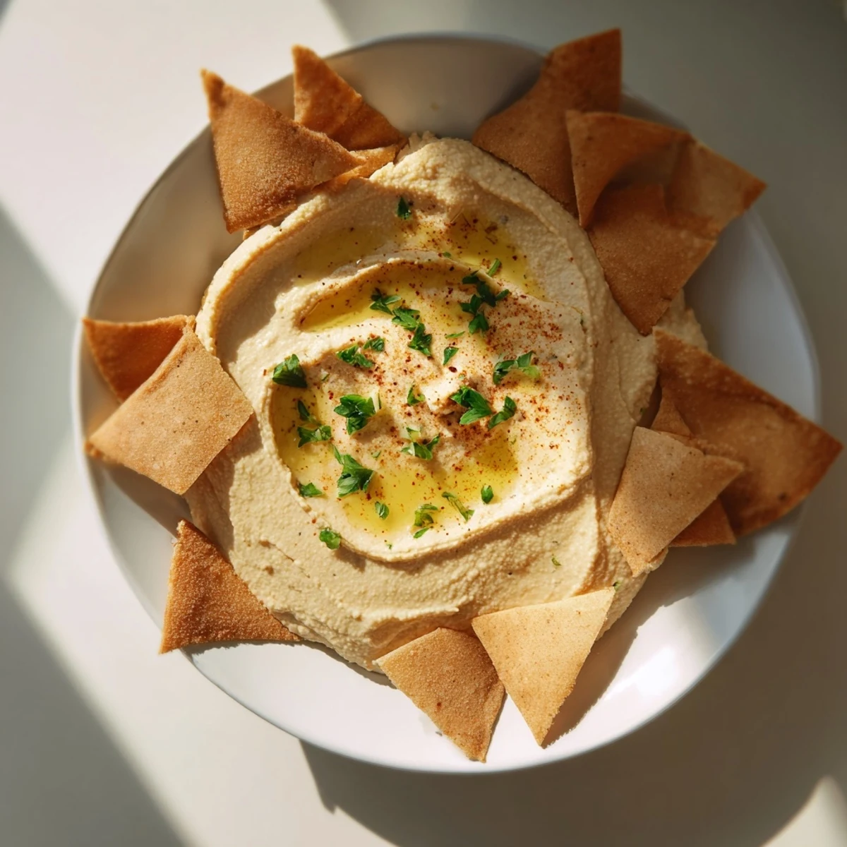 Appetizing Sahara Dune, a Middle Eastern appetizer, with swirling hummus and golden pita chips.