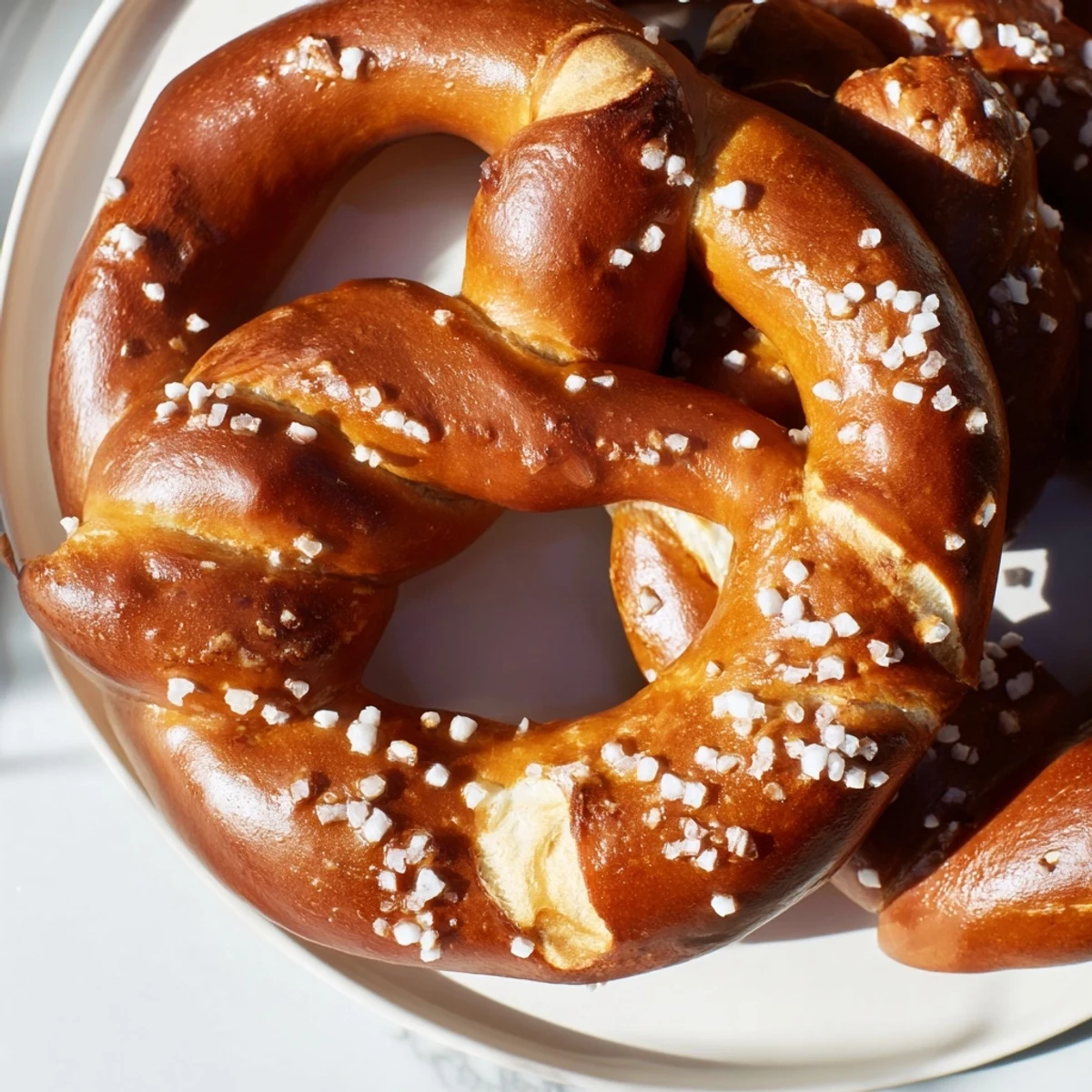 Golden-brown Bretzels Anneau de Fête, shaped into festive rings, are sprinkled generously with coarse salt.