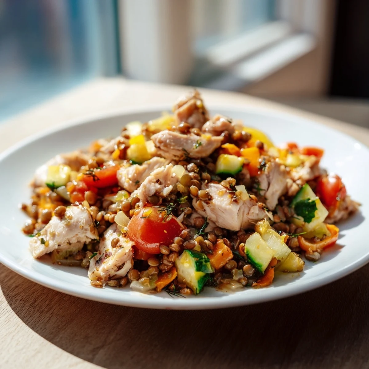 Chicken and Lentil Recession Salad bursting with fresh veggies, tender chicken, and a zesty dressing.