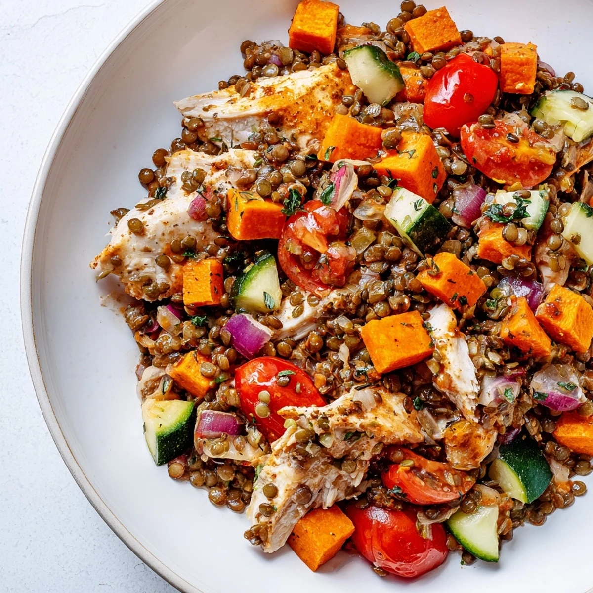 A vibrant bowl of Chicken and Lentil Recession Salad, perfect for a healthy and satisfying lunch.