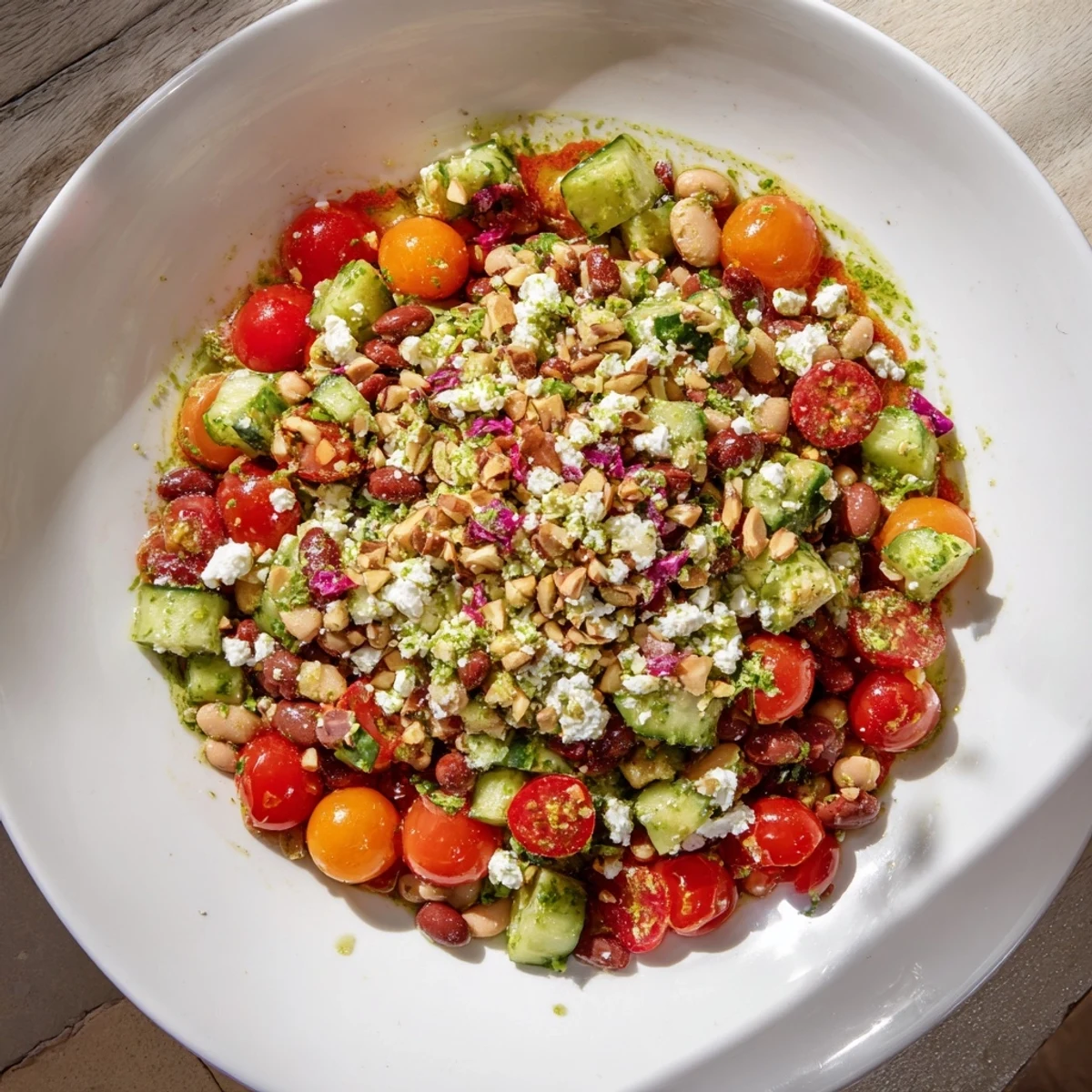This delicious Dense Bean Salad features a refreshing tart cherry vinaigrette and crunchy cucumbers for flavor.