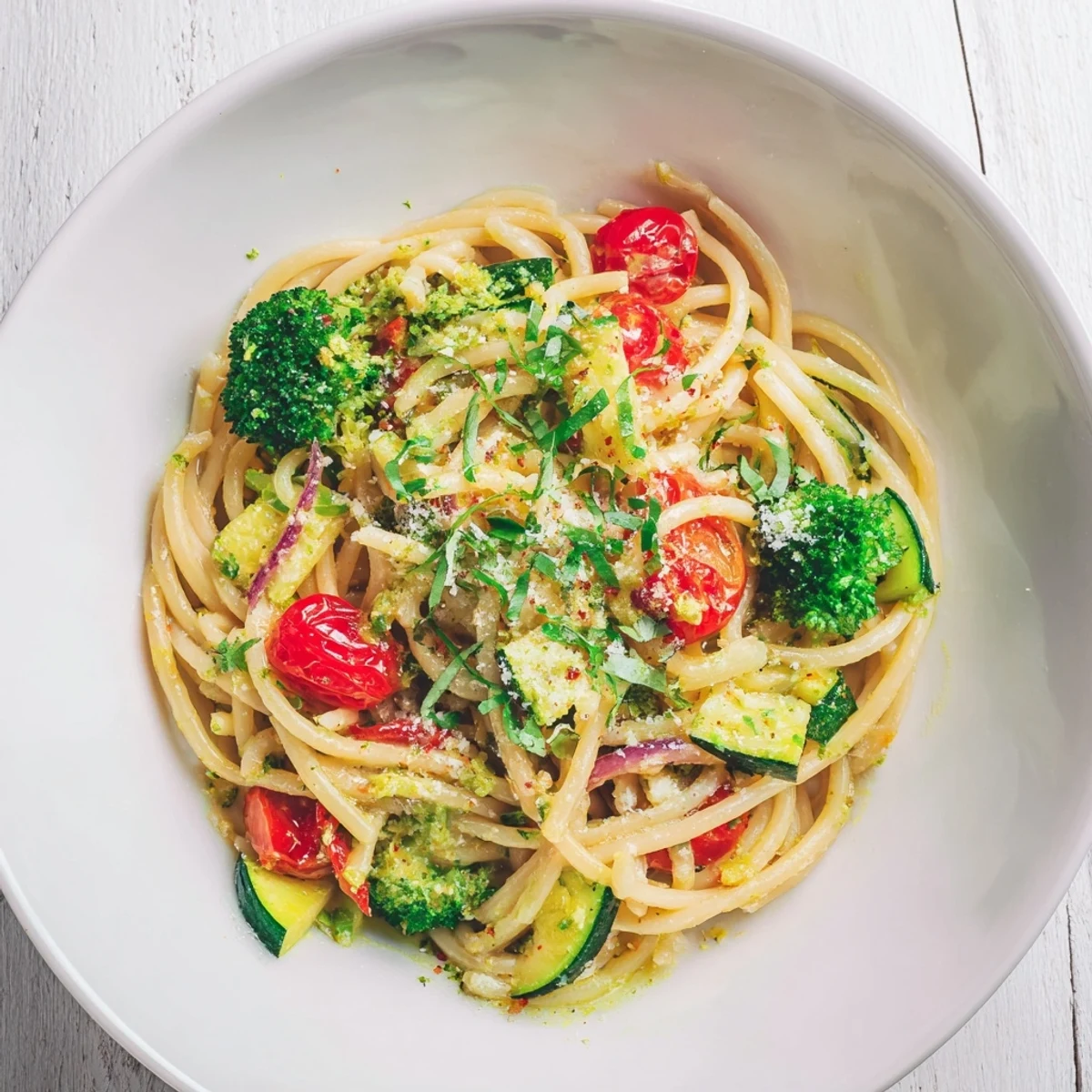 Steaming bowl of Ditalini with Air-Fried Vegetables, showcasing tender veggies and perfectly cooked pasta.