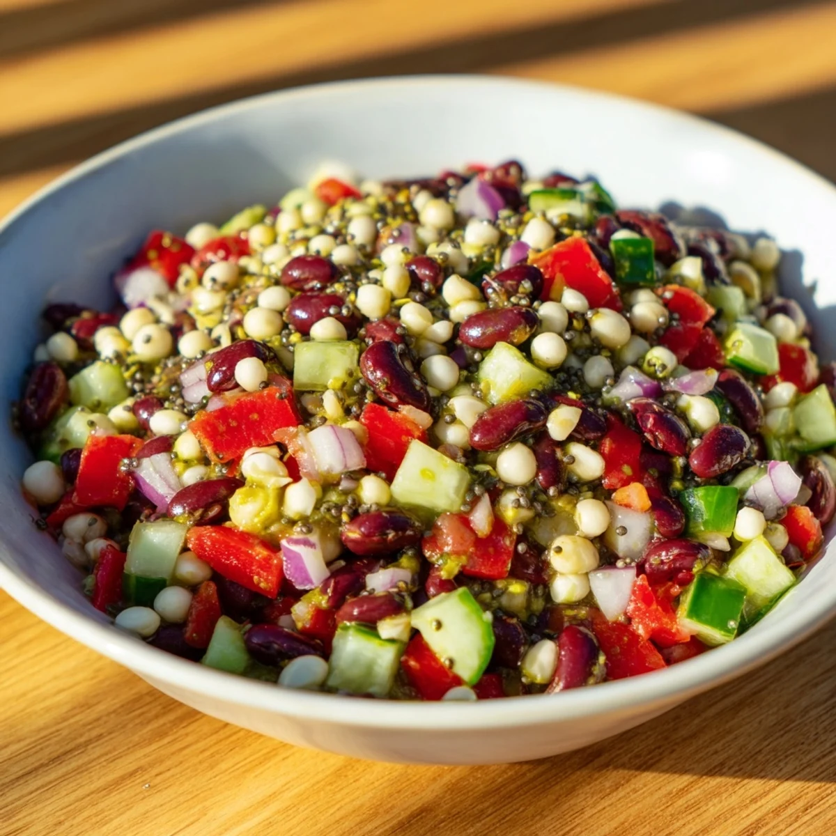 Freshly tossed Dense Bean Salad with Wellness Seeds, showcasing colorful veggies and wholesome beans.