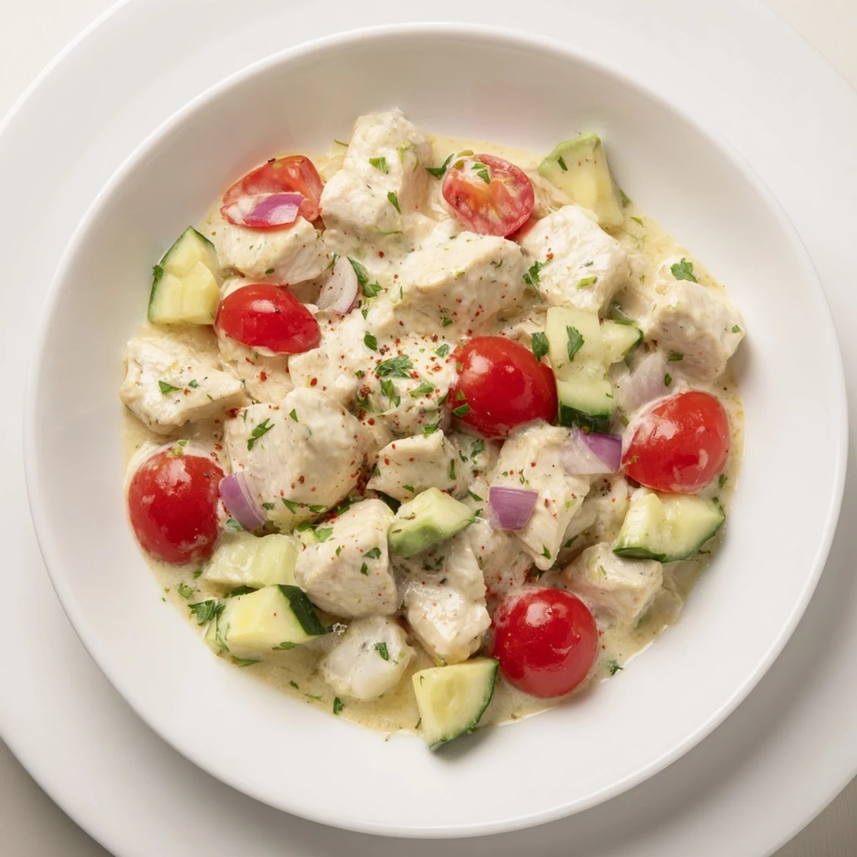 Juicy high-protein chicken and egg salad with vibrant veggies, perfect for a healthy lunch.
