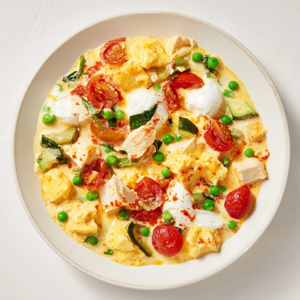 Creamy high-protein chicken and egg salad, showcasing tender chicken pieces and chopped eggs.
