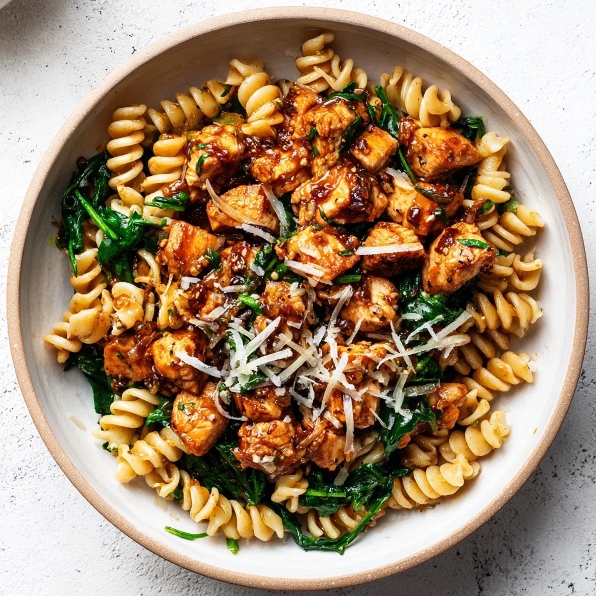 One-Pot Spinach and Chicken Pasta: a close-up photo of steaming pasta with chicken and fresh spinach.