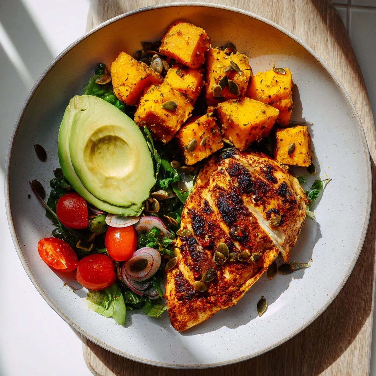 Juicy grilled chicken and creamy avocado star in this flavorful Avocado and Sweet Potato Chicken Bowl.