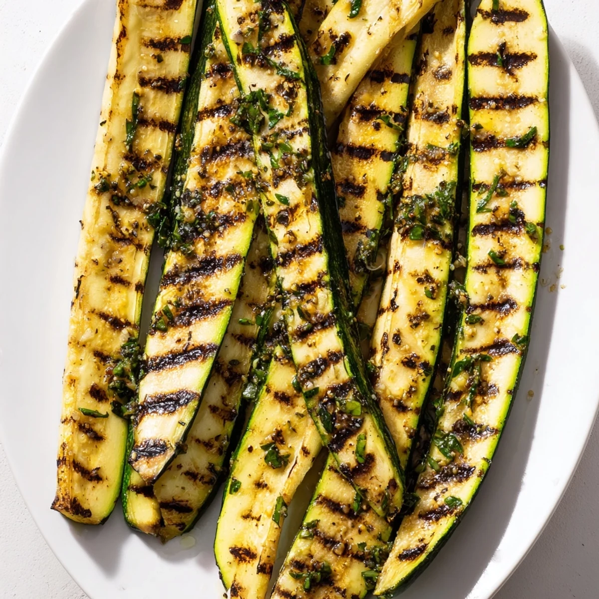 Mediterranean Garlic Herb Grilled Zucchini, beautifully grilled, waiting to be served and enjoyed at a picnic.
