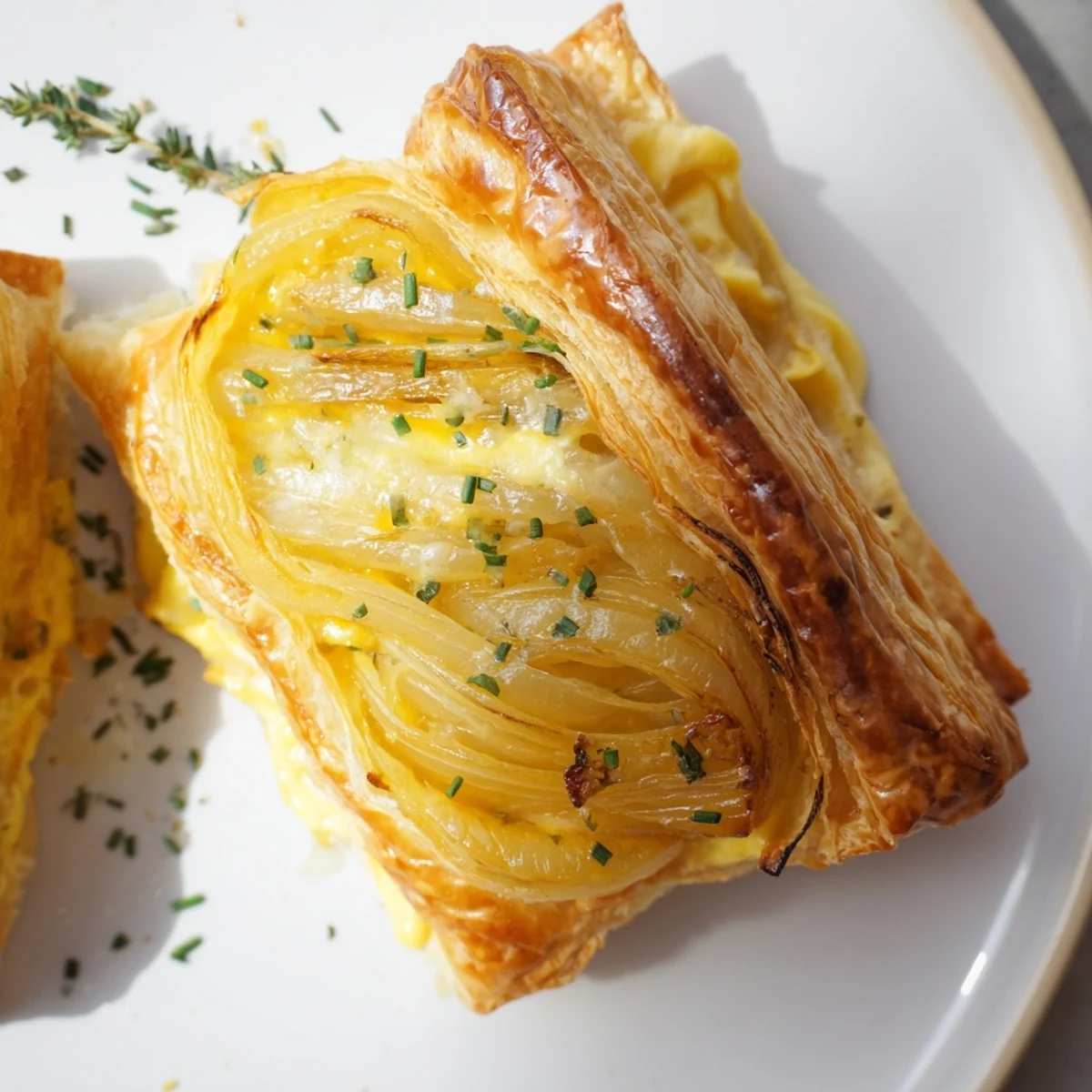 Golden caramelized onions resting on a flaky crust for this savory Caramelized Onion Tart.