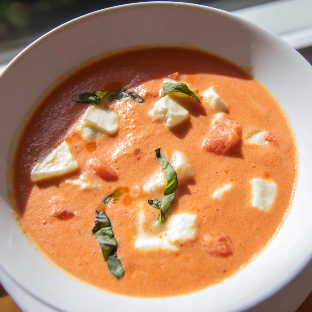 A steaming bowl of creamy tomato mozzarella soup; the melted cheese is enticingly stringy.