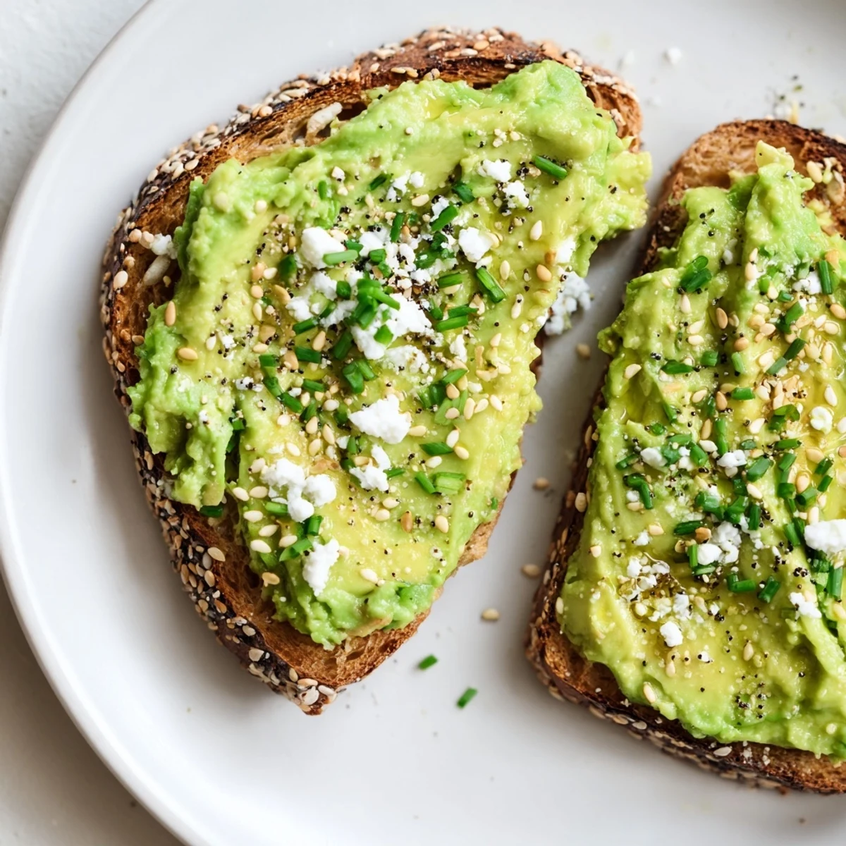 Close-up photo of avocado toast with everything, showcasing the vibrant green avocado and crunchy toppings.